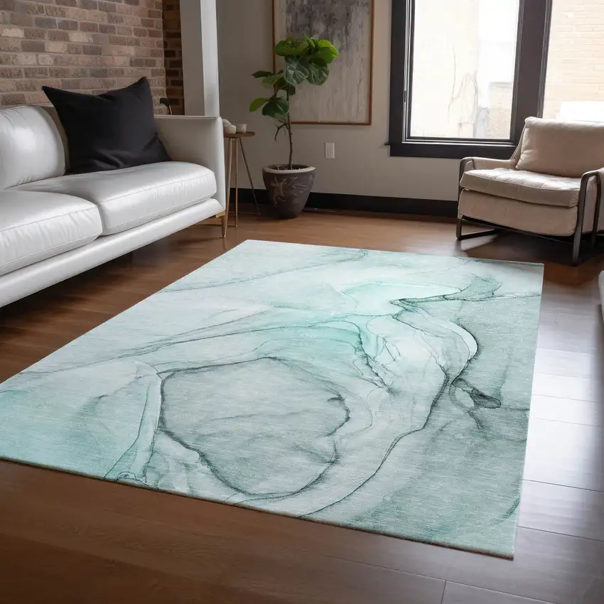 Teal Abstract Washable Non Skid Indoor Outdoor Area Rug Photo 9