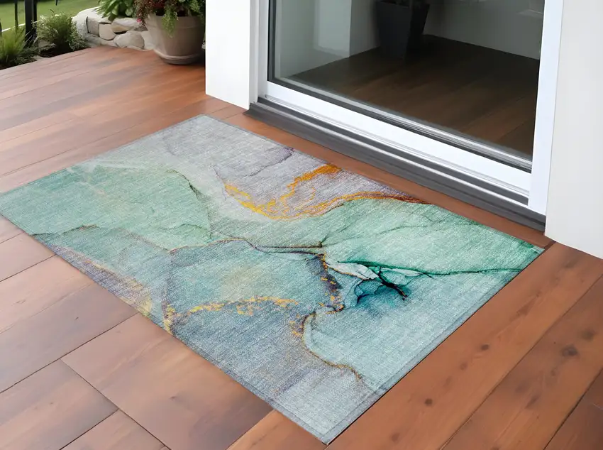 3' X 4' Teal Abstract Washable Non Skid Indoor Outdoor Area Rug Photo 1
