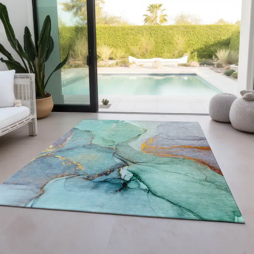 Teal Blue Abstract Washable Indoor Outdoor Area Rug Photo 9
