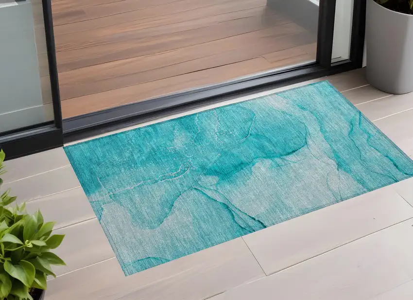 3' X 4' Teal Abstract Washable Non Skid Indoor Outdoor Area Rug Photo 1