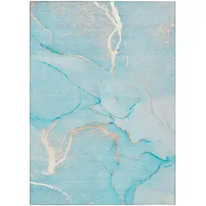 Photo of 3' X 4' Teal Abstract Washable Non Skid Indoor Outdoor Area Rug