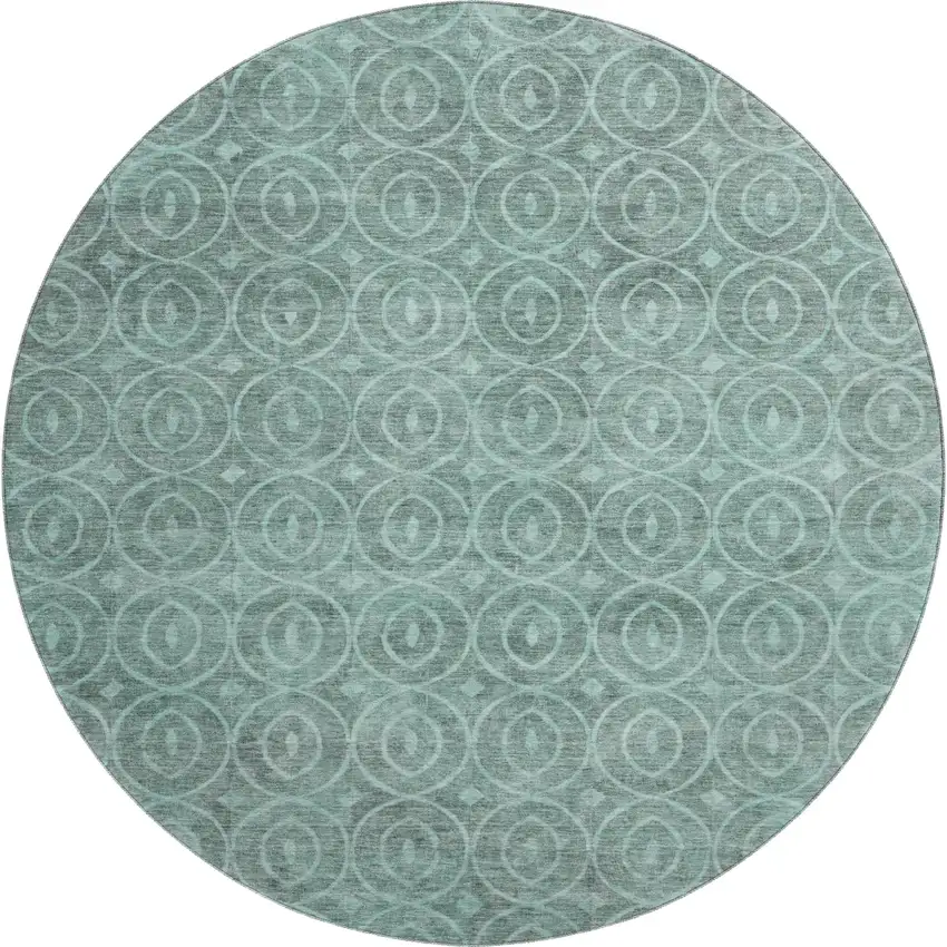 8' X 8' Teal And Aqua Geometric Washable Round Rug With UV Protection Photo 1