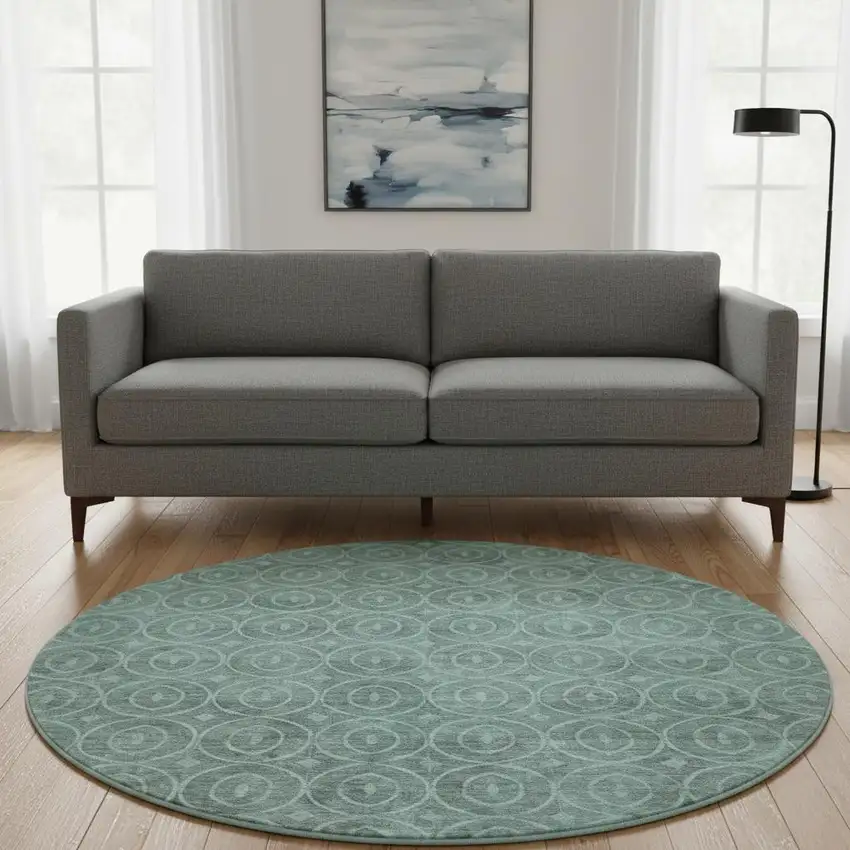 8' X 8' Teal And Aqua Geometric Washable Round Rug With UV Protection Photo 2