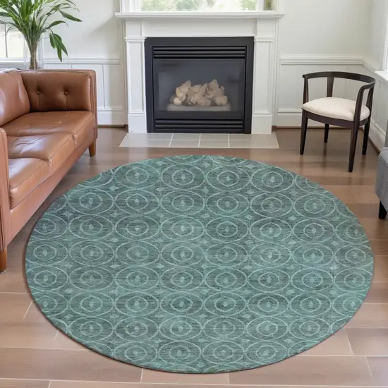 8' X 8' Teal And Aqua Geometric Washable Round Rug With UV Protection Photo 4
