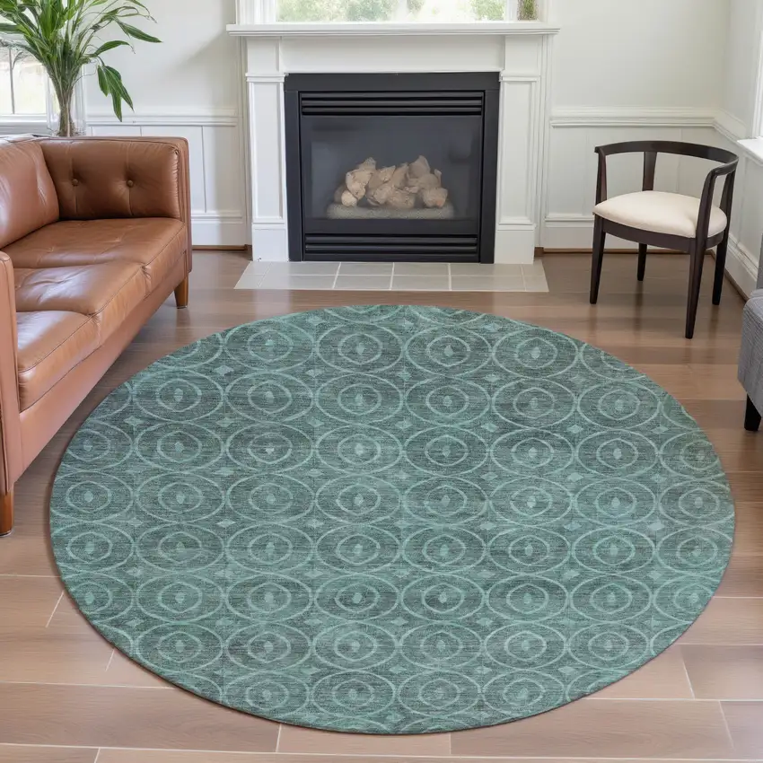 8' X 8' Teal And Aqua Geometric Washable Round Rug With UV Protection Photo 4