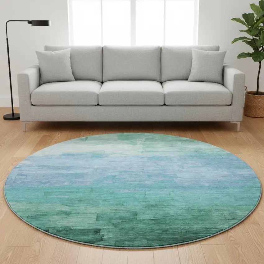 8' X 8' Teal And Aqua Striped Washable Round Rug With UV Protection Photo 2