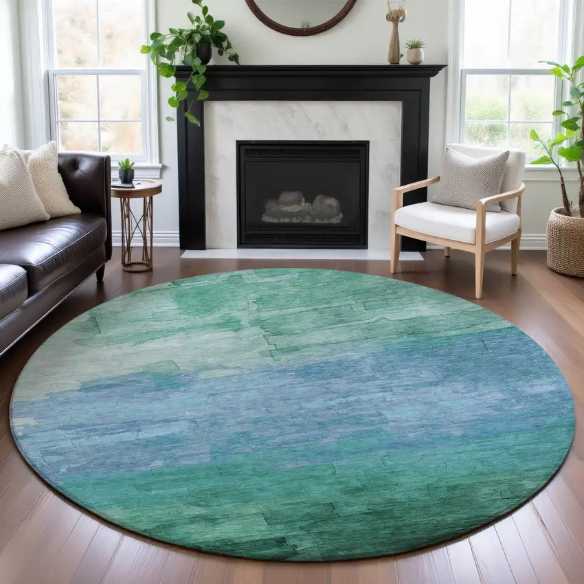 8' X 8' Teal And Aqua Striped Washable Round Rug With UV Protection Photo 4