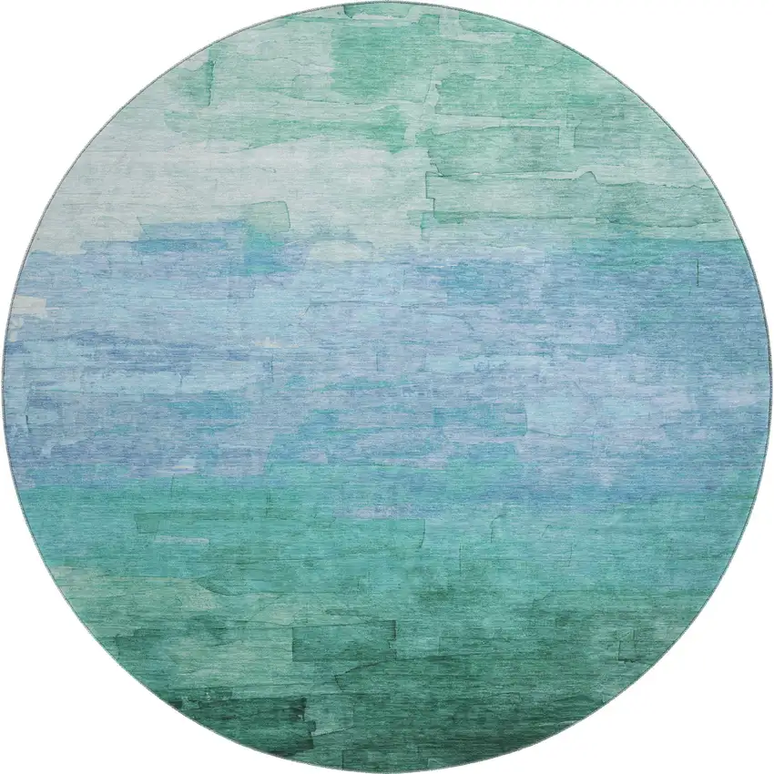 8' X 8' Teal And Aqua Striped Washable Round Rug With UV Protection Photo 1