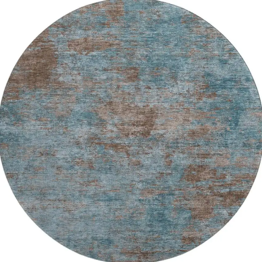 8' X 8' Teal And Brown Abstract Washable Round Rug With UV Protection Photo 3