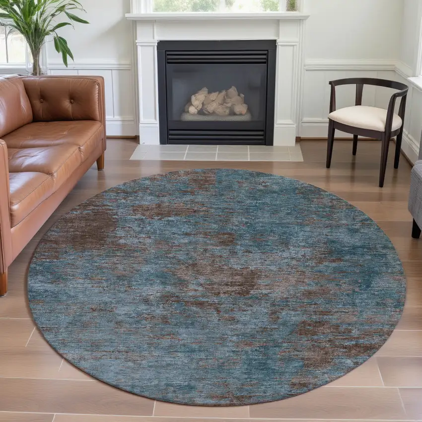 8' X 8' Teal And Brown Abstract Washable Round Rug With UV Protection Photo 4