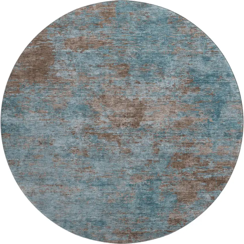 8' X 8' Teal And Brown Abstract Washable Round Rug With UV Protection Photo 1