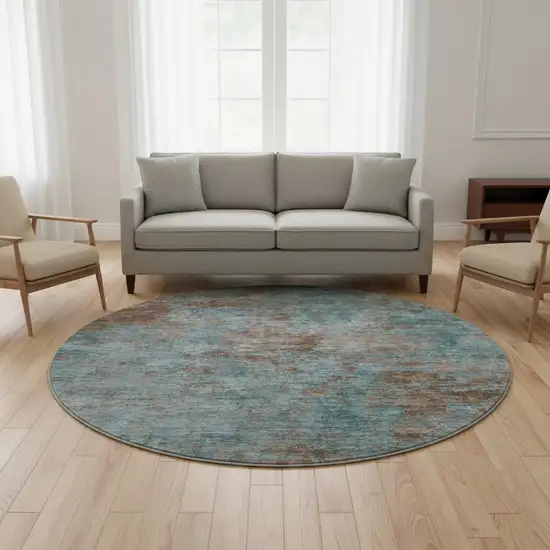 8' X 8' Teal And Brown Abstract Washable Round Rug With UV Protection Photo 2