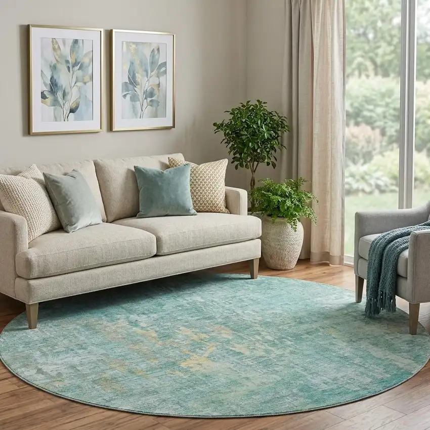 8' X 8' Teal And Gold Abstract Washable Round Rug With UV Protection Photo 1