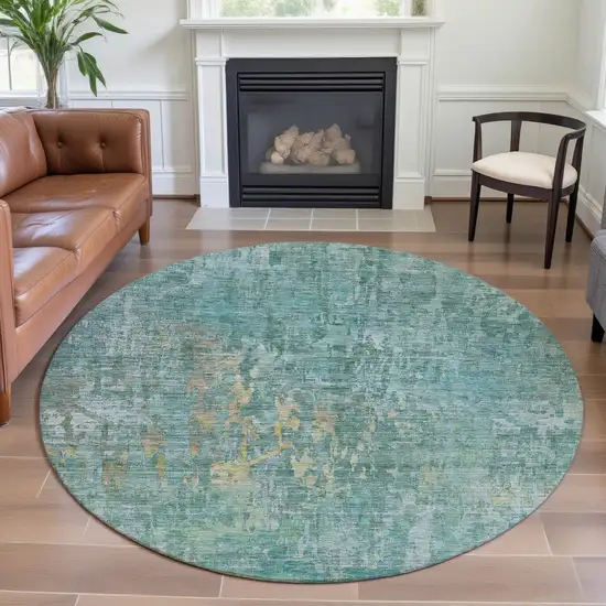 8' X 8' Teal And Gold Abstract Washable Round Rug With UV Protection Photo 4
