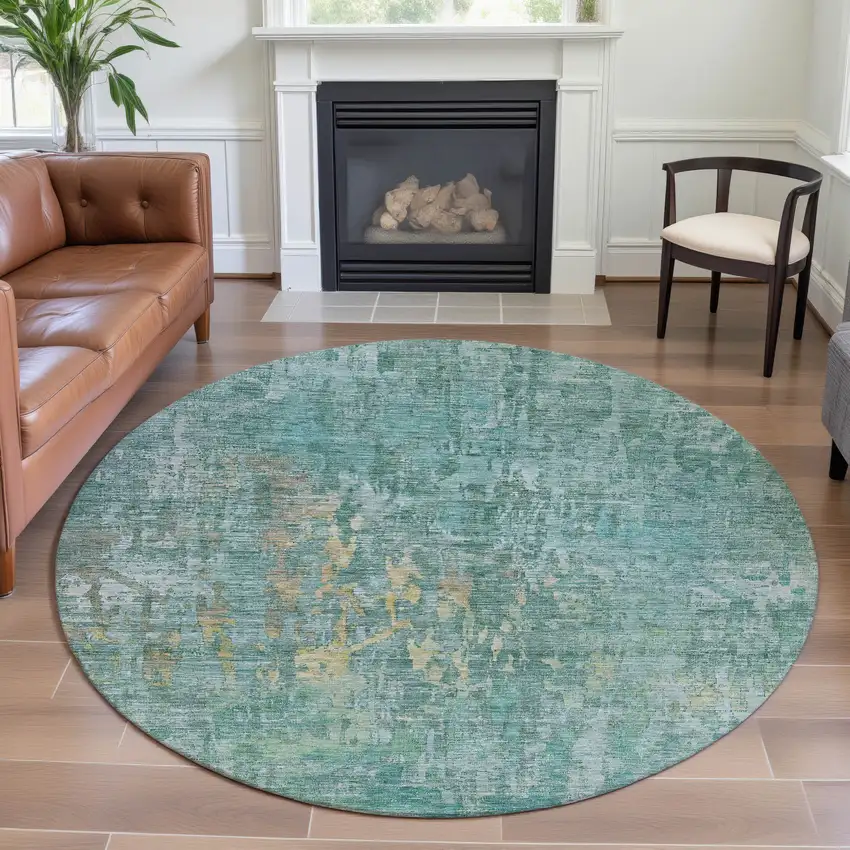 8' X 8' Teal And Gold Abstract Washable Round Rug With UV Protection Photo 4