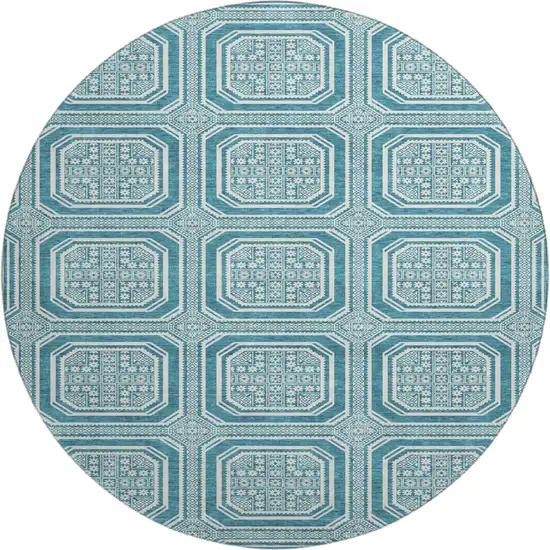8' X 8' Teal And Ivory Geometric Washable Round Rug With UV Protection Photo 1