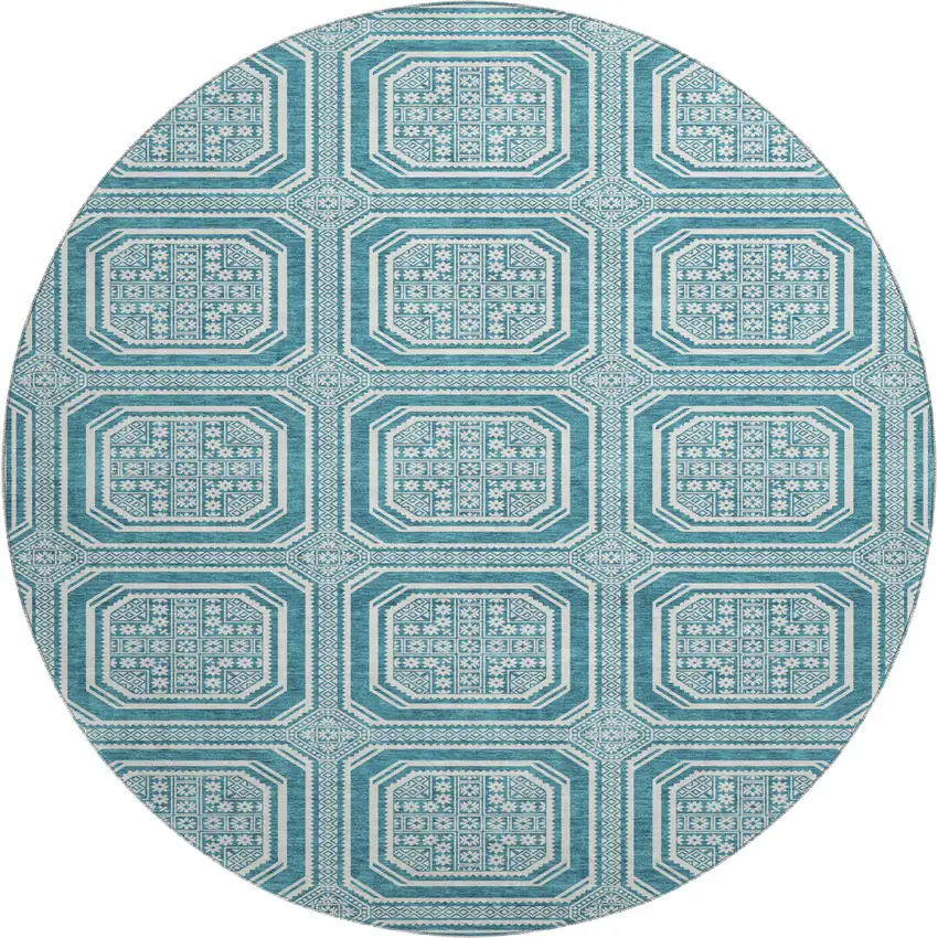 8' X 8' Teal And Ivory Geometric Washable Round Rug With UV Protection Photo 1