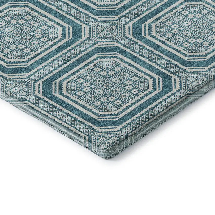 8' X 8' Teal And Ivory Geometric Washable Round Rug With UV Protection Photo 6