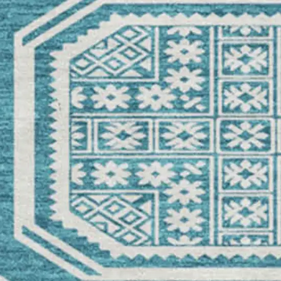 8' X 8' Teal And Ivory Geometric Washable Round Rug With UV Protection Photo 2
