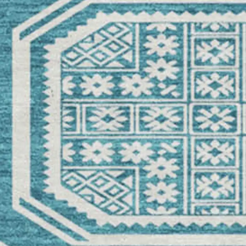 8' X 8' Teal And Ivory Geometric Washable Round Rug With UV Protection Photo 2