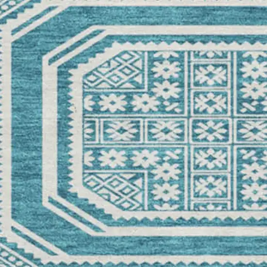 8' X 8' Teal And Ivory Geometric Washable Round Rug With UV Protection Photo 3