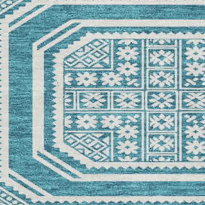 8' X 8' Teal And Ivory Geometric Washable Round Rug With UV Protection Photo 3