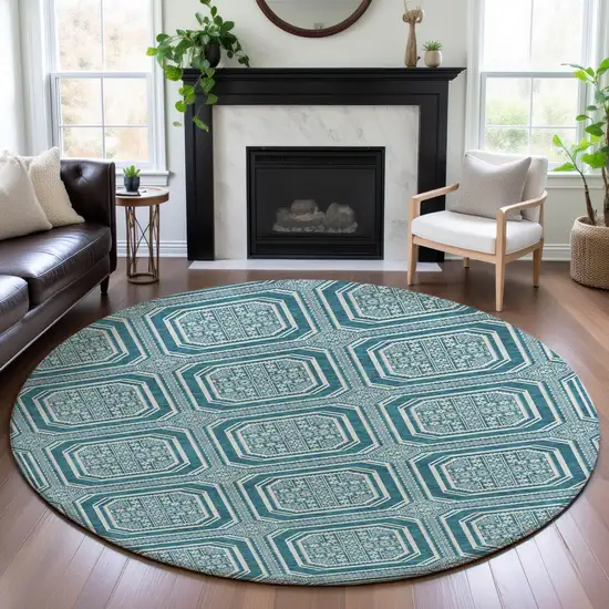 8' X 8' Teal And Ivory Geometric Washable Round Rug With UV Protection Photo 4