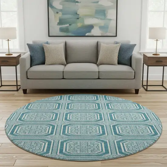 8' X 8' Teal And Ivory Geometric Washable Round Rug With UV Protection Photo 2