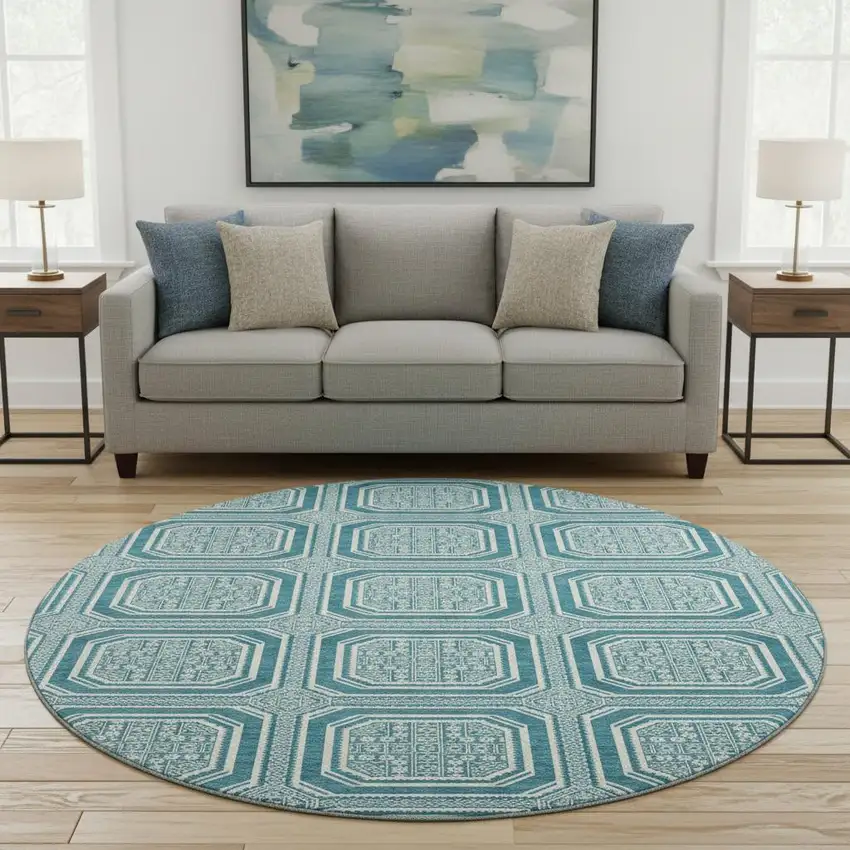 8' X 8' Teal And Ivory Geometric Washable Round Rug With UV Protection Photo 2