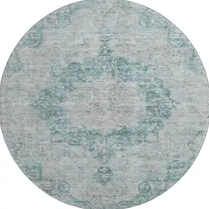 Photo of 8' X 8' Teal And Silver Oriental Washable Round Rug With UV Protection
