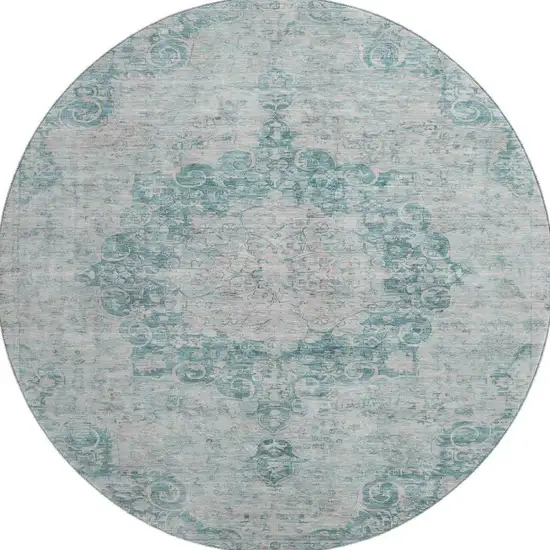 8' X 8' Teal And Silver Oriental Washable Round Rug With UV Protection Photo 3