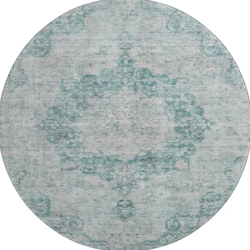 8' X 8' Teal And Silver Oriental Washable Round Rug With UV Protection Photo 3