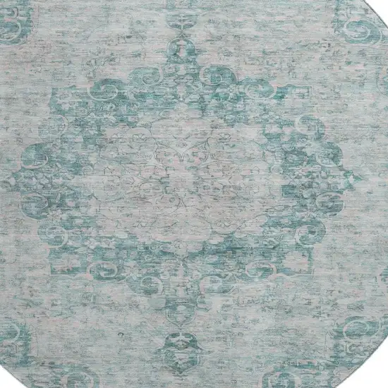 8' X 8' Teal And Silver Oriental Washable Round Rug With UV Protection Photo 2
