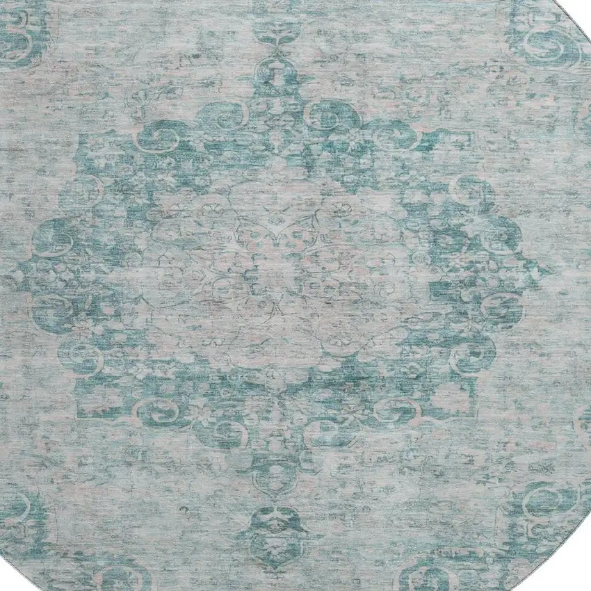 8' X 8' Teal And Silver Oriental Washable Round Rug With UV Protection Photo 2
