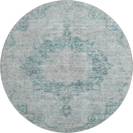 8' X 8' Teal And Silver Oriental Washable Round Rug With UV Protection Photo 1