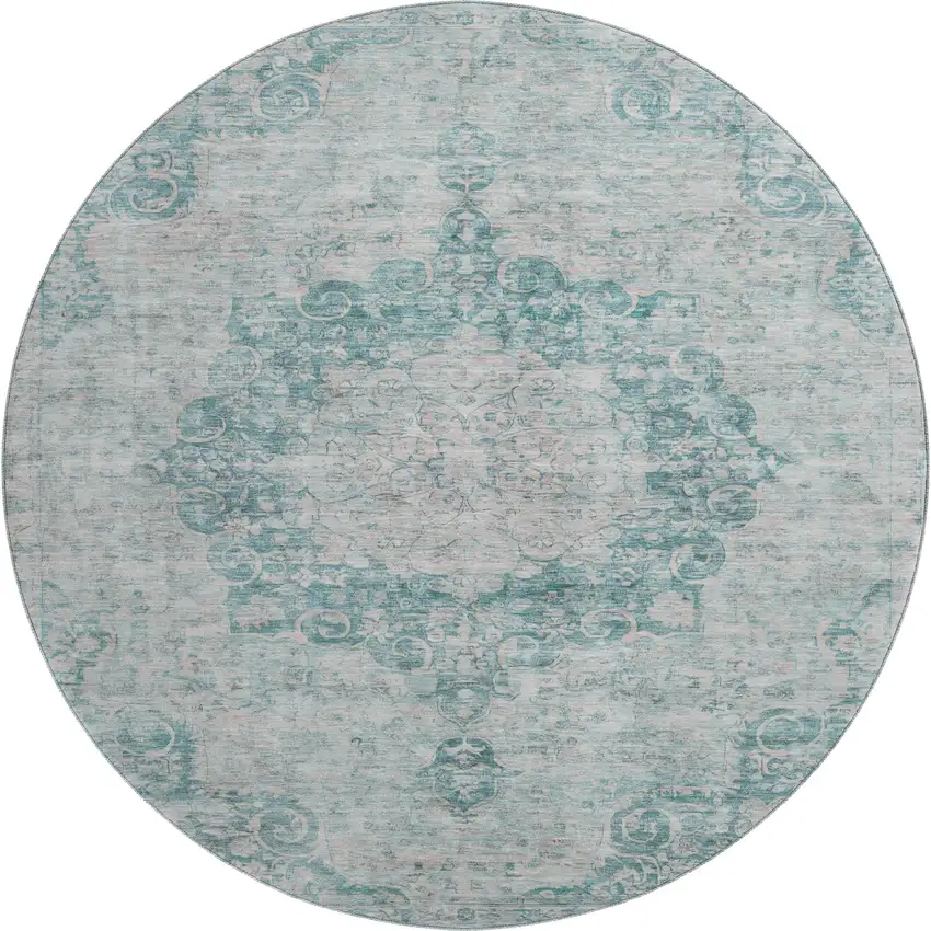 8' X 8' Teal And Silver Oriental Washable Round Rug With UV Protection Photo 1