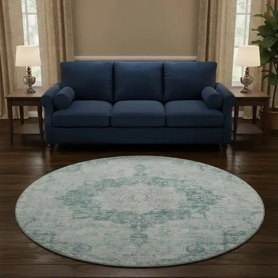 8' X 8' Teal And Silver Oriental Washable Round Rug With UV Protection Photo 2