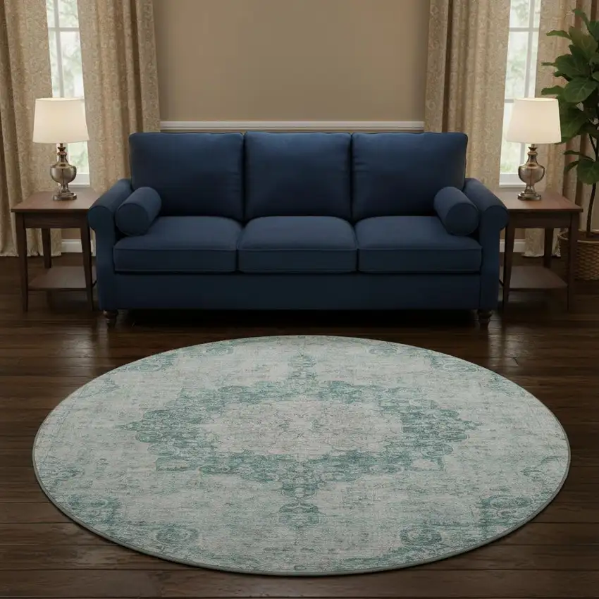 8' X 8' Teal And Silver Oriental Washable Round Rug With UV Protection Photo 2