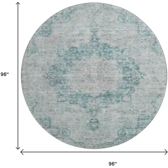 8' X 8' Teal And Silver Oriental Washable Round Rug With UV Protection Photo 9