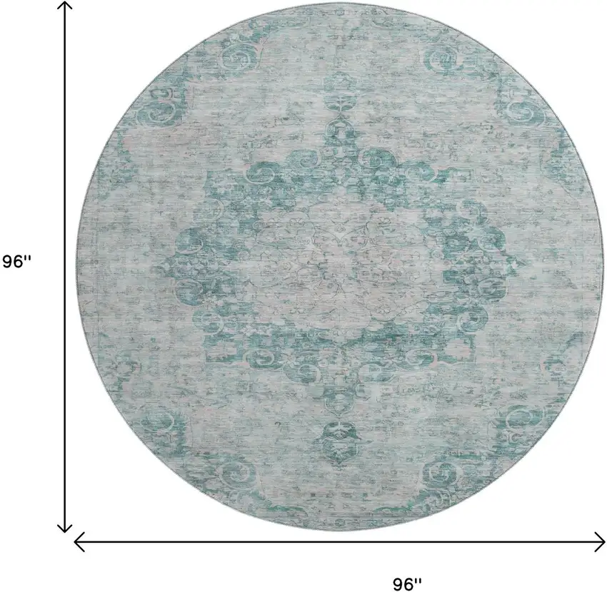 8' X 8' Teal And Silver Oriental Washable Round Rug With UV Protection Photo 9