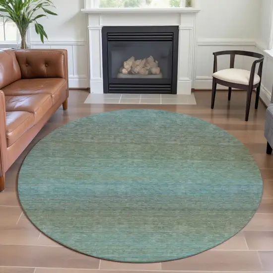 8' X 8' Teal And Taupe Striped Washable Round Rug With UV Protection Photo 4