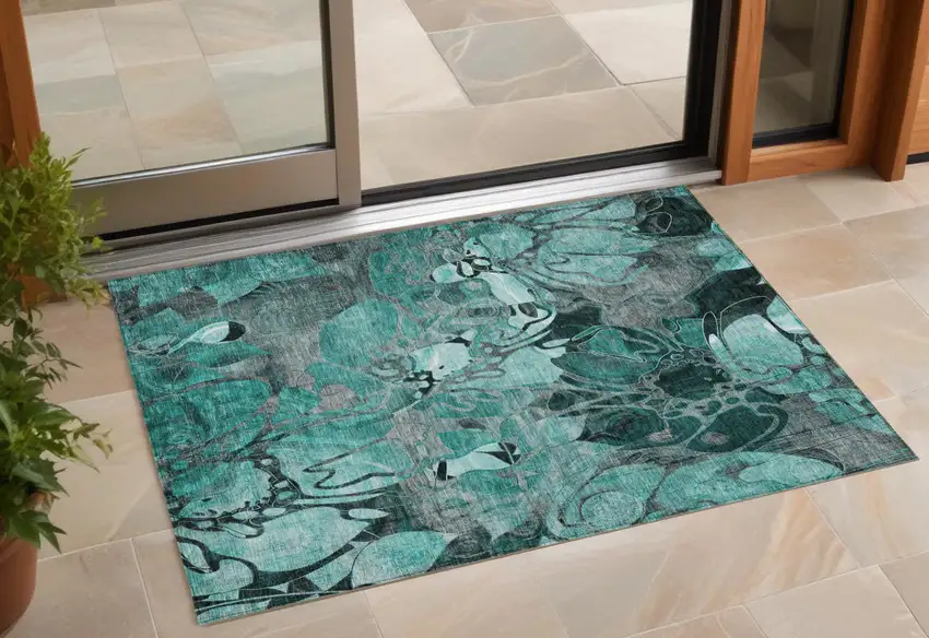 Teal Black and Gray Abstract Washable Indoor Outdoor Area Rug Photo 1