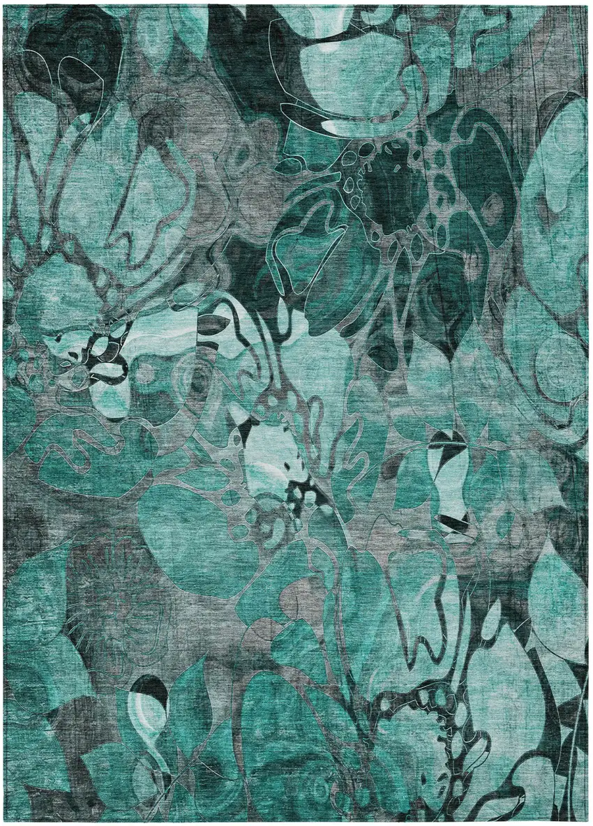 Teal Black and Gray Abstract Washable Indoor Outdoor Area Rug Photo 2