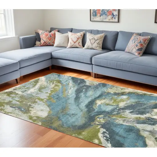 Teal Blue Machine Woven Watercolor Indoor Area Rug Photo 1