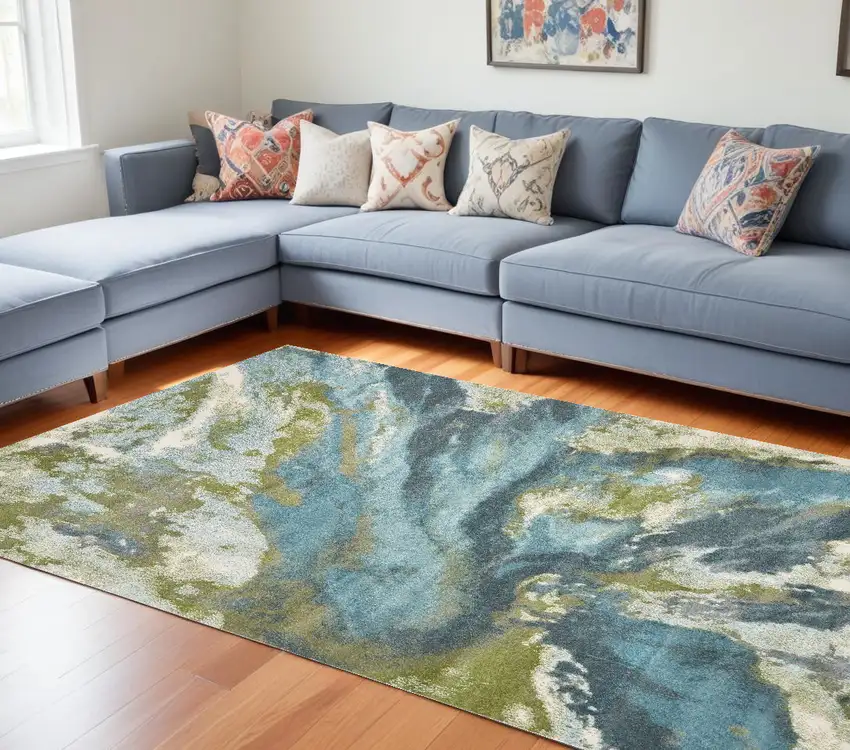 Teal Blue Machine Woven Watercolor Indoor Area Rug Photo 1