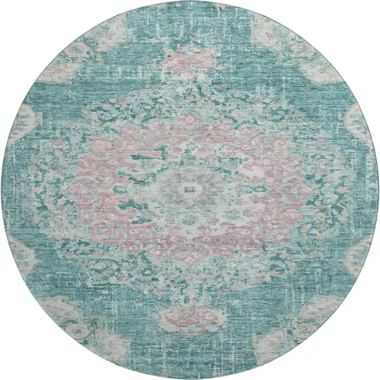 8' X 8' Teal Blush And Ivory Floral Washable Round Rug With UV Protection Photo 1