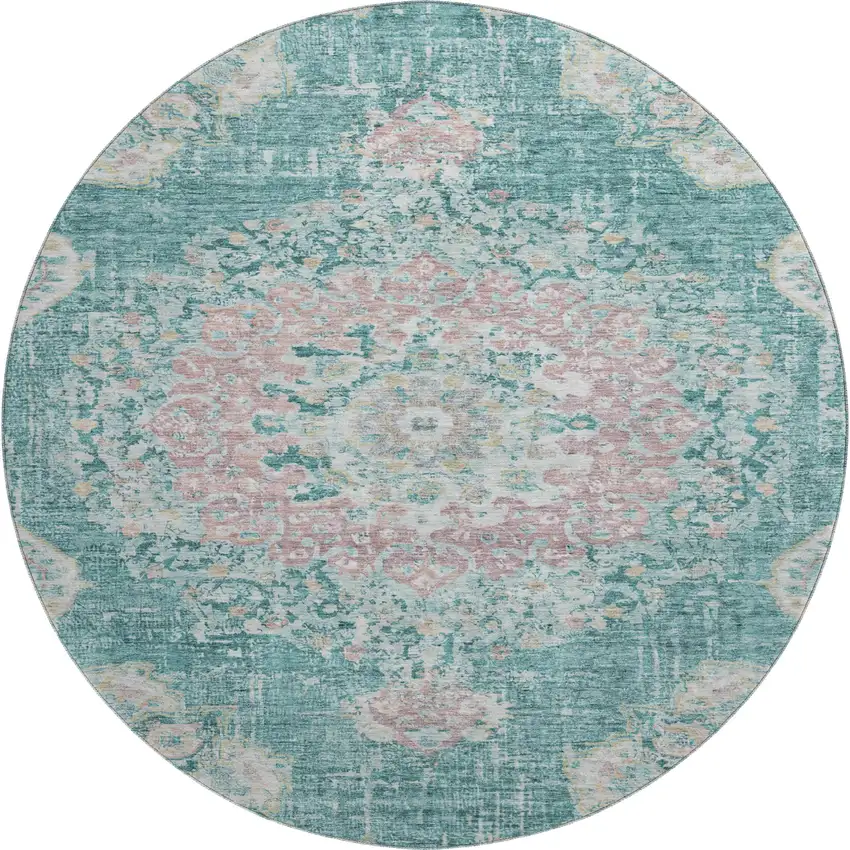 8' X 8' Teal Blush And Ivory Floral Washable Round Rug With UV Protection Photo 1