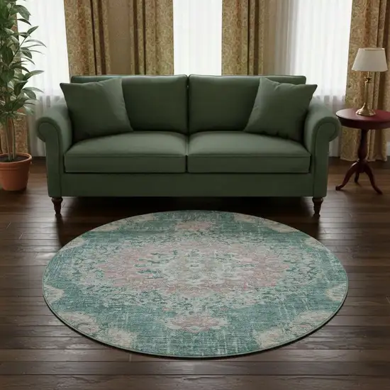 8' X 8' Teal Blush And Ivory Floral Washable Round Rug With UV Protection Photo 2