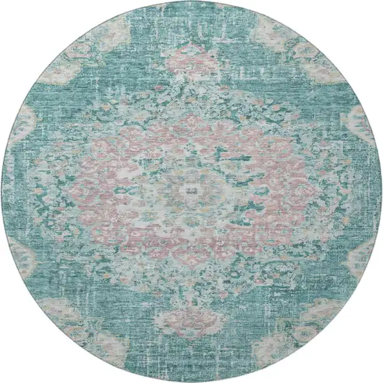 8' X 8' Teal Blush And Ivory Floral Washable Round Rug With UV Protection Photo 3