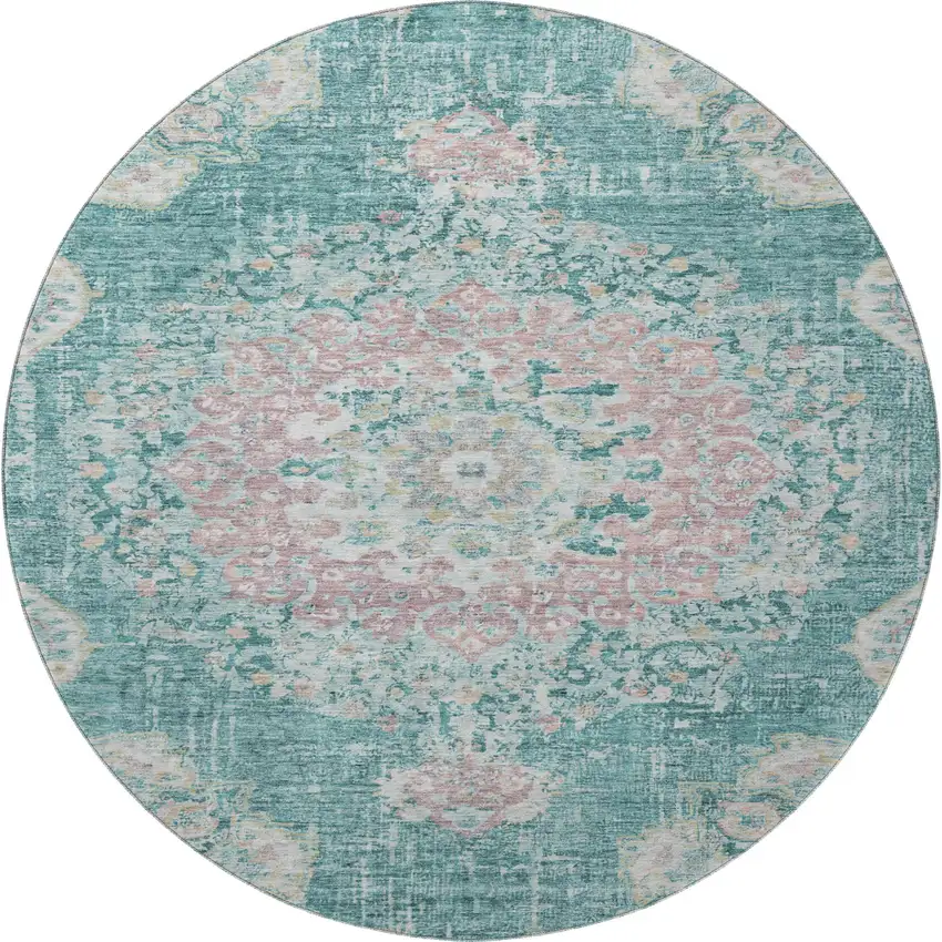 8' X 8' Teal Blush And Ivory Floral Washable Round Rug With UV Protection Photo 3